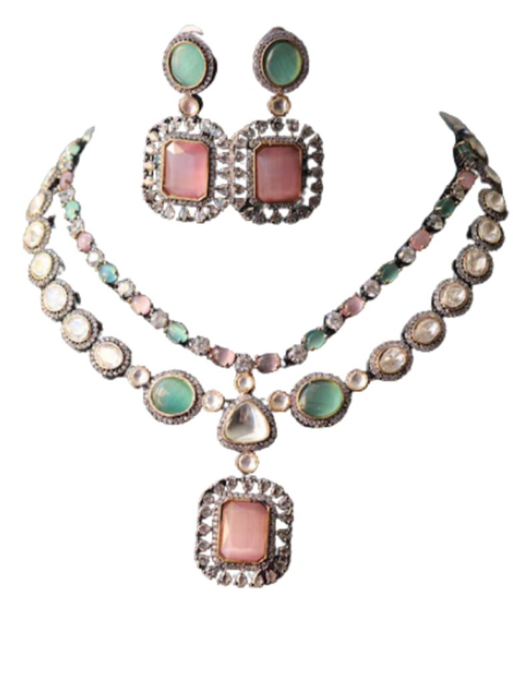 Kundan Mint Pink Statement Necklace Earrings Set